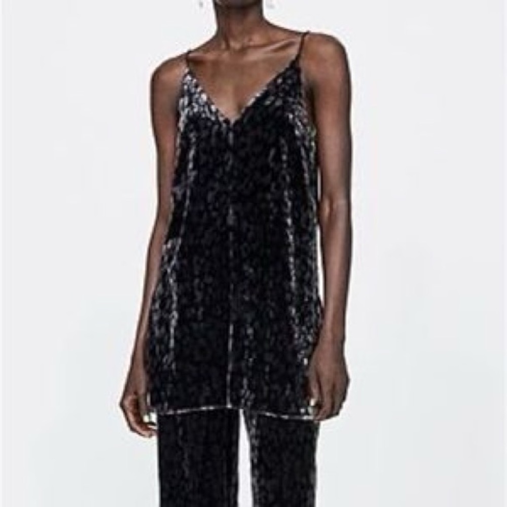 Zara crushed black velvet leopard cami top - XS